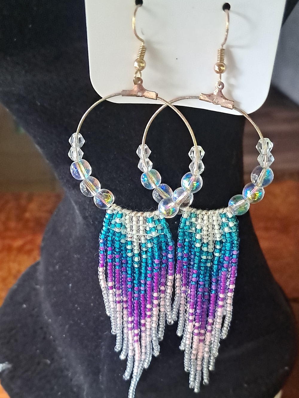 Handmade Beaded Fringe Hoop Earrings – Teal, Purple & Silver